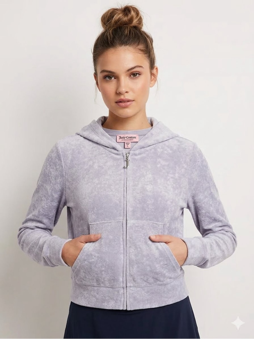 Juicy Couture Velour Hoodie Gray Cropped Rhinestone Logo Zipper Jacket Size L